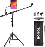 TONOR Mikrofonständer mit Tablet-Halterung, Stativarm für Den Boden, Höhe und Winkel Einstellbar, Strapazierfähiger Ständer mit Tragetasche, Telefon- und iPad-Klemme,T35