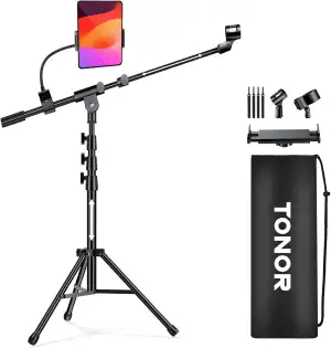 TONOR Mikrofonständer mit Tablet-Halterung, Stativarm für Den Boden, Höhe und Wi