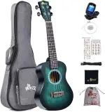 Winzz 23" Ukulele Konzert Anfänger Set Kinderm Erwachsene, Einzigartiges Farbdesign, mit Tasche, Stimmgerät, Zusätzlichen Saiten, Gurt, Noten-Aufkleber (Blau-Grü)