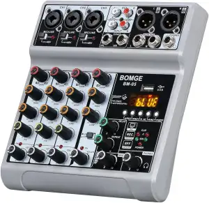 BOMGE Audio Mixer, Sound Board Mischkonsole mit 5 Kanal Digital USB Bluetooth Echo Delay Effekt, 48V Phantomspeisung Stereo DJ Mixer für Aufnahme, Live Streaming, Podcasting