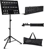 Professioneller Notenständer, höhenverstellbar (49-113cm) robuster Music Stand für Konzert und Reise, Notenständer Klappbar inklusive mit Metall-Dreibein, belüftete Platte & Transporttasche (Schwarz)