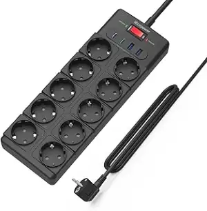 10-Fach Mehrfachsteckdose,Steckdosenleiste mit USB(PD 20W 2 USB-C Ports und 2 US