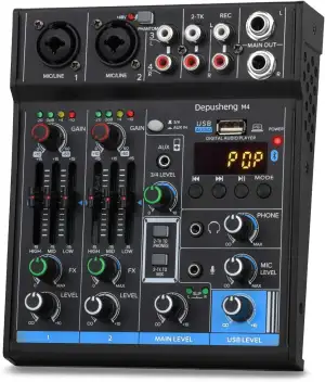 Depusheng M4 Professioneller Audiomixer Soundboard Konsole Systemschnittstelle 4 Kanal Digital USB Bluetooth MP3 Computereingang 48V Phantomspeisung Stereo DJ Studio Streaming