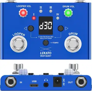 LEKATO Drum Looper Pedal mit Stimmgerät, 4 Loops, 11 Minuten Loop Pedal mit Drumcomputer 30 Trommeln mit App zum individuellen Bearbeiten und Speichern für E-Gitarre und Bass, Tempo klopfen