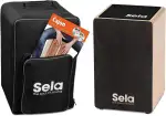 Sela SE 120 Primera Cajon Black Einsteiger Bundle mit Sela Snare System, aufgebaut, Rucksack, Sitzpad, Schule, CD, DVD