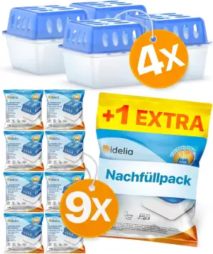 Idelia® 4x Luftentfeuchter + 9x 400g Nachfüllpacks - Raumentfeuchter für Bad, Ke