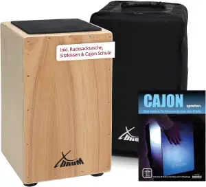 XDrum Cajon Primero Natur - Kistentrommel inkl. Rucksacktasche und Schule - Trom