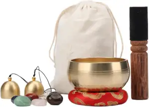 Tibetische Klangschale, handgestimmte Chakra-Stein-Schale mit 2 Glocken und Trag