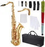 VEVOR Tenorsaxophon, B-Dur, Messingsaxophon-Anfängerset mit Tragetasche, Mundstück, Gurten, Reinigungstuch, Handschuhen, Umhängeband, 23-Tasten-Tenorsaxophon-Set, für Anfänger & Schüler, Gold