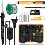 Lötkolben Set 80W LCD Einstellbar Temperatur 180-520°C Lötkolben mit Ein/Aus Schalter, 50g Lötdraht, 5 Lötspitzen, Entlötpumpe, Lötkolbenständer, Pinzette, Lötset für Elektrische Arbeiten