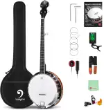 Vangoa Left-handed 5-String Banjo, Mahogany Open-back Banjo with Resonator, with Starter Manual & Beginner Kit