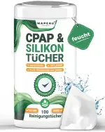 CPAP Reinigungstücher 100x Wipes in Spenderdose, Duftfrei ohne Alkohol, Zellstoff Tücher zum reinigen Silikon, CPAP Masken, Sauerstoffmasken, Nasenbrillen (1)
