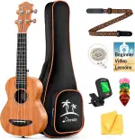 Donner Tenor-Ukulele, Mahagoni, professionelles 26-Zoll-Ukulelen-Starterpaket mit kostenlosem Online-Unterricht, Tragetasche, Gurt, Nylonsaiten, Stimmgerät, Plektren, Stoff, DUT-1 Ukalalee-Set