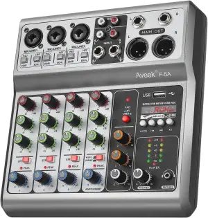 Aveek Professioneller Audio-Mixer, Soundboard-Mischpult mit 5-Kanal-Digital-USB-Bluetooth-Hall-Delay-Effekt, Eingang 48 V Phantomspeisung, Stereo-DJ-Mixer für Aufnahmen, Live-Streaming, Podcasting